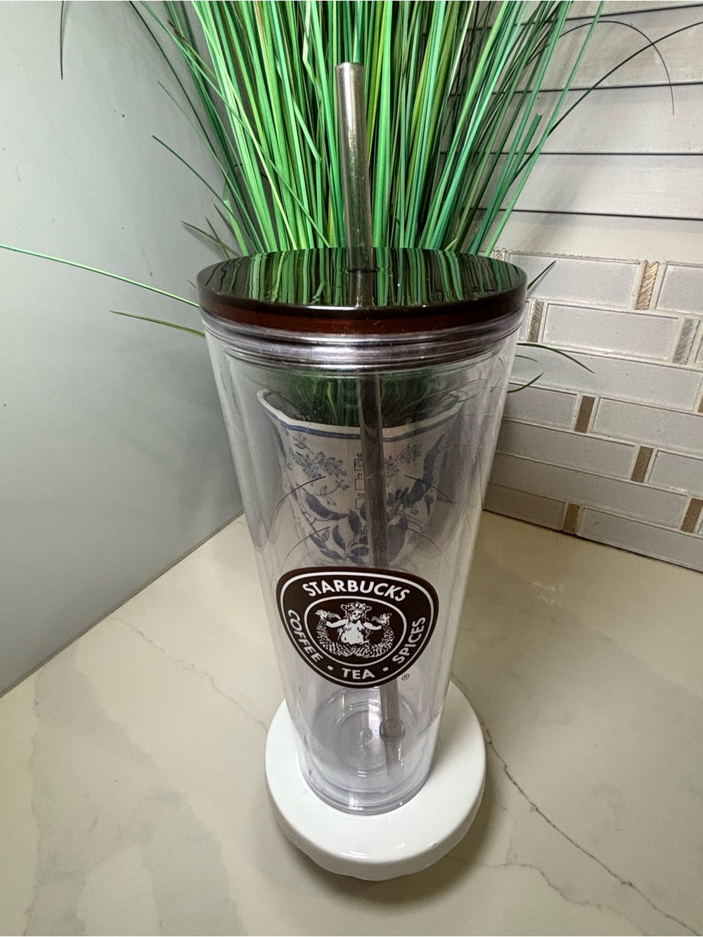 Starbucks Clear Tumbler with Brown Lid and Green Logo Accent